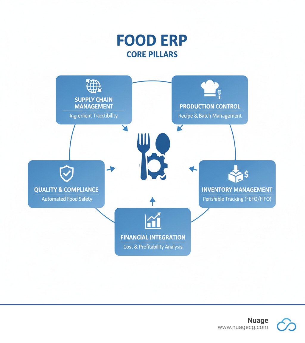 Infographic showing the five core pillars of Food ERP: Supply Chain Management with ingredient traceability, Production Control with recipe and batch management, Quality & Compliance with automated food safety protocols, Inventory Management with perishable goods tracking using FEFO/FIFO logic, and Financial Integration with real-time cost analysis and profitability tracking - Food enterprise resource planning infographic 