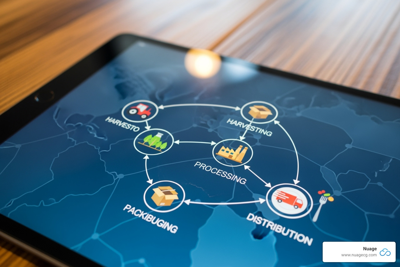 A tablet screen showing a traceability map from farm to fork - Food enterprise resource planning