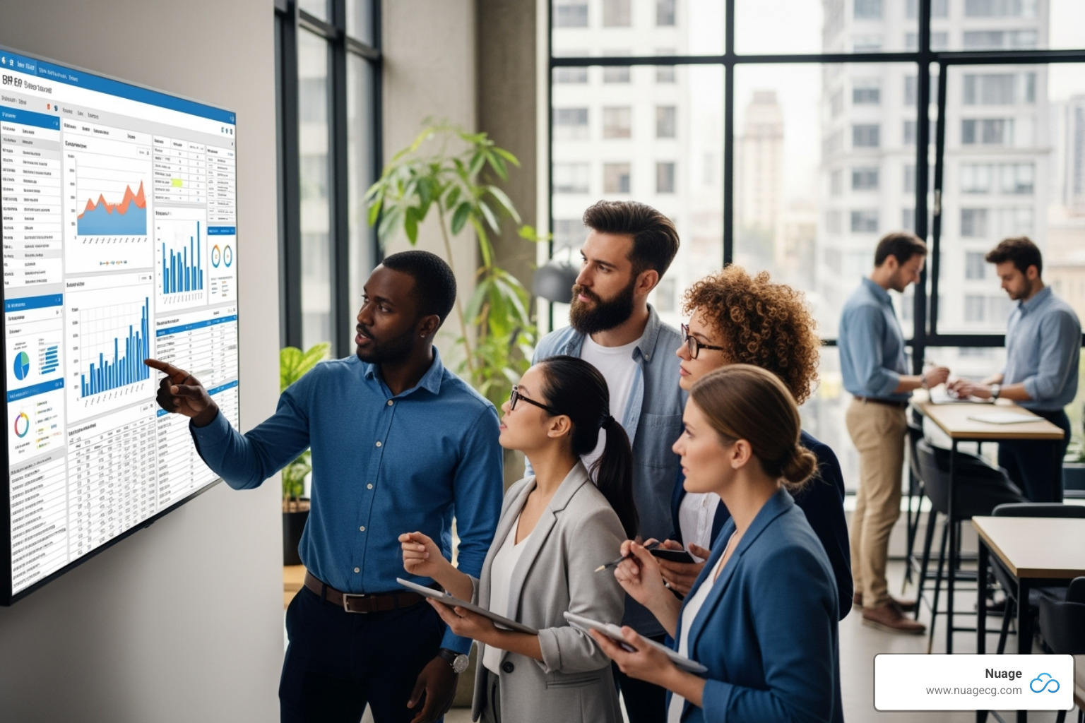Diverse team collaborating around a screen showing an ERP dashboard - Food enterprise resource planning