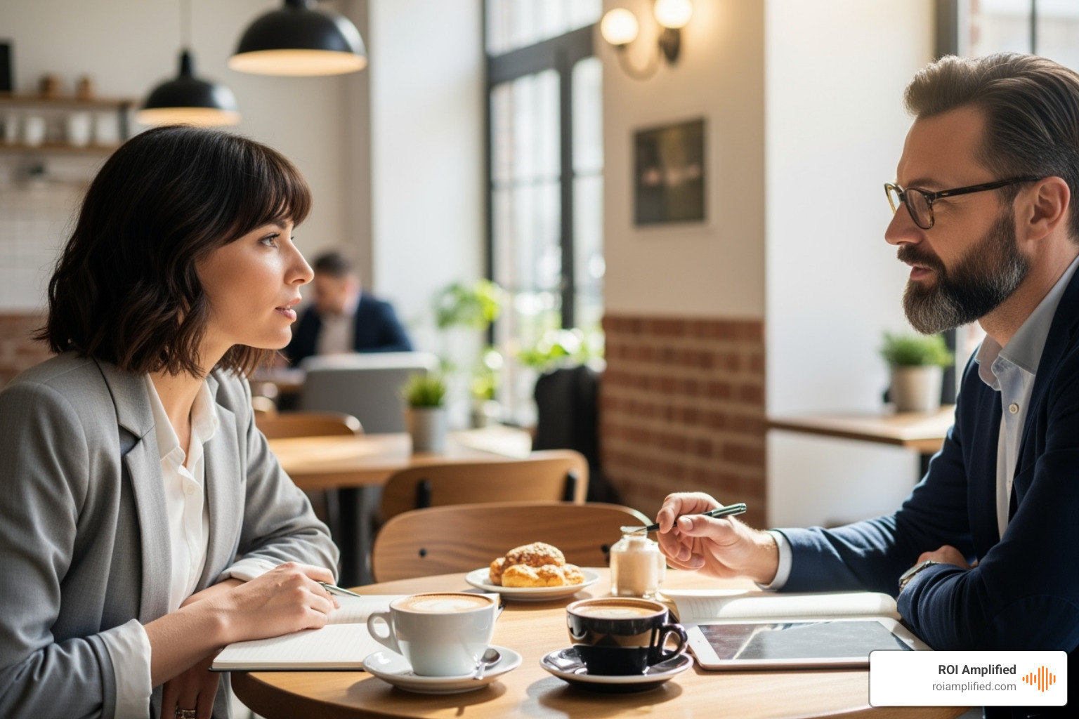 A small business owner chatting with a marketing expert in a cafe - Tampa search engine marketing A small business owner chatting with a marketing expert in a cafe - Tampa search engine marketing