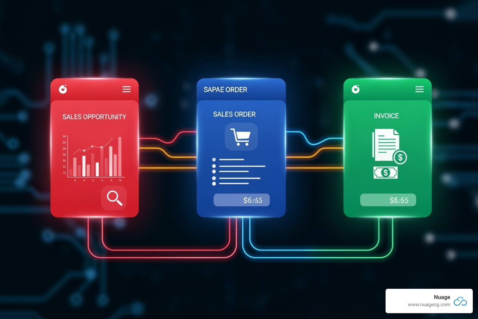 Flowchart showing data flow from Salesforce Opportunity to NetSuite Sales Order to NetSuite Invoice - salesforce billing and netsuite integration