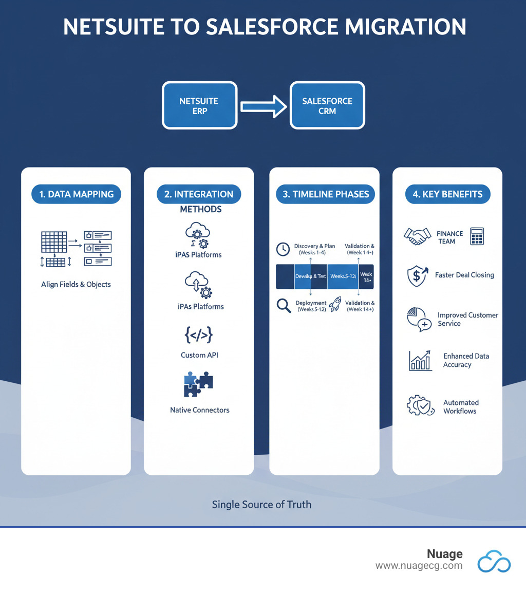 Detailed infographic showing the complete NetSuite to Salesforce migration process including data mapping, integration methods comparison, timeline phases, and key benefits for sales and finance teams - netsuite to salesforce migration infographic 