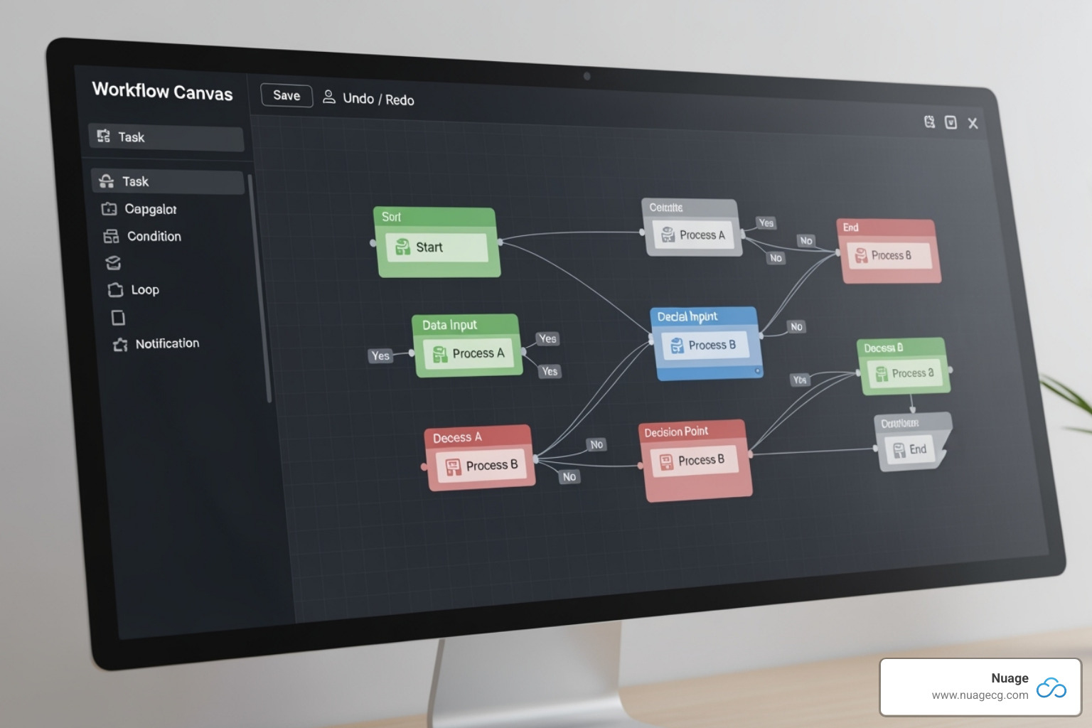 Visual representation of NetSuite SuiteFlow's drag-and-drop interface for building workflows - NetSuite process automation