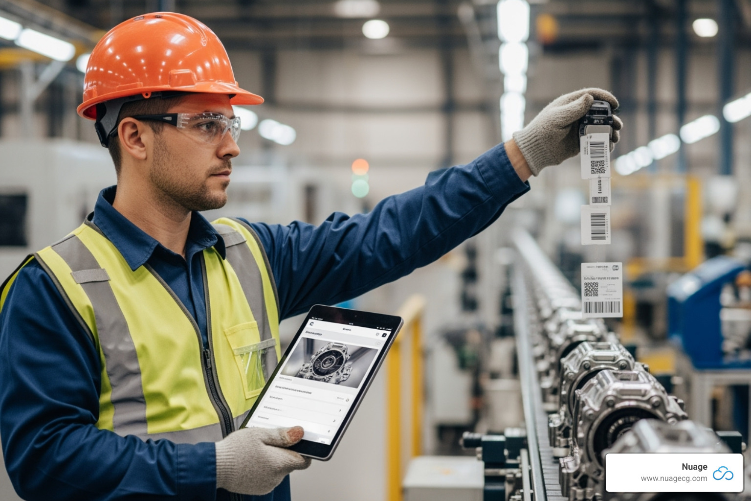 Worker using a tablet with the NetSuite mobile app on the factory floor, scanning a barcode on a product - NetSuite advanced manufacturing
