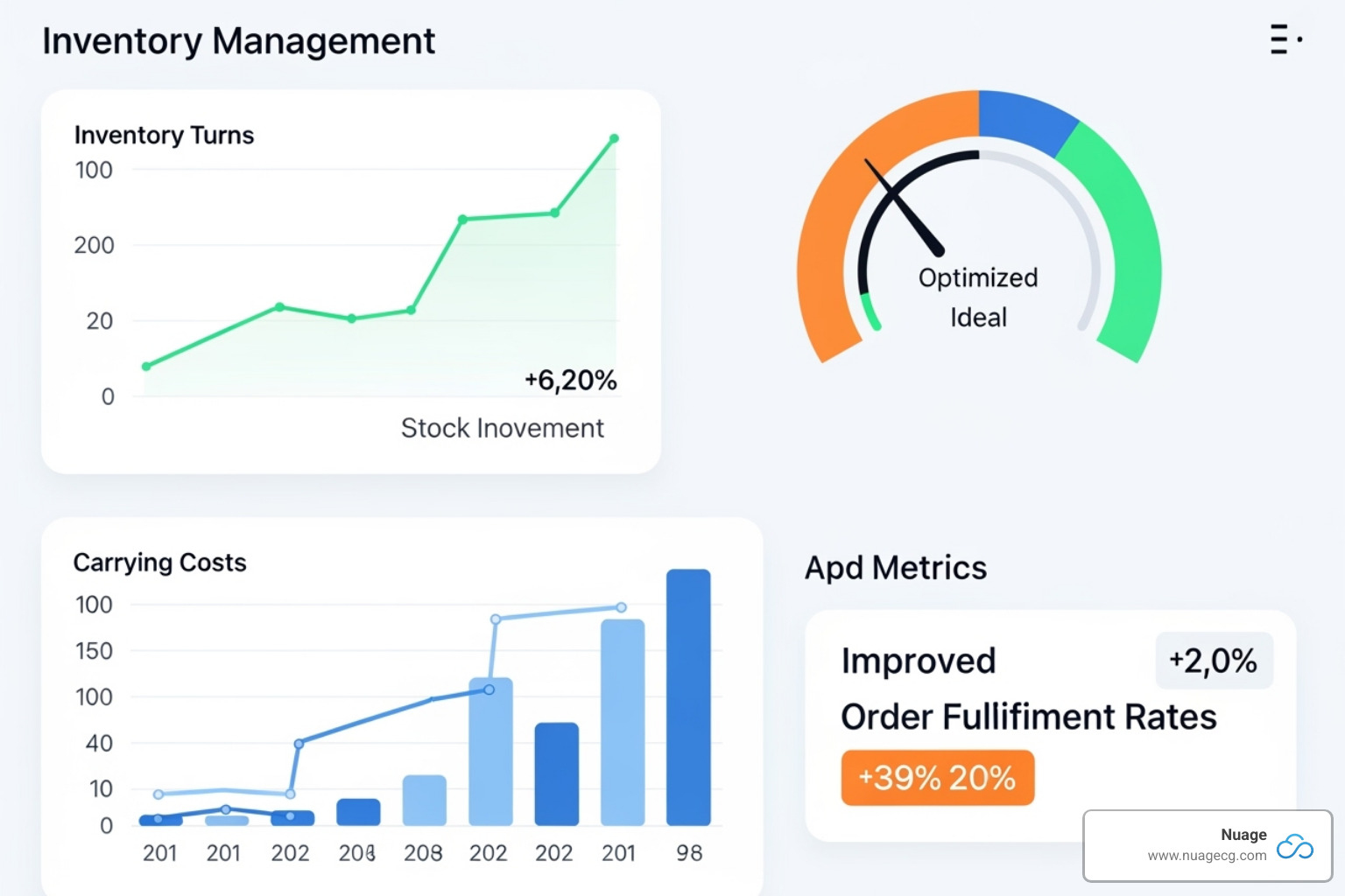 A vibrant dashboard displaying key performance indicators (KPIs) for inventory management, including a graph showing a significant increase in inventory turns, a gauge indicating optimized inventory levels, a chart illustrating reduced carrying costs over time, and a metric highlighting improved order fulfillment rates. - NetSuite demand planning