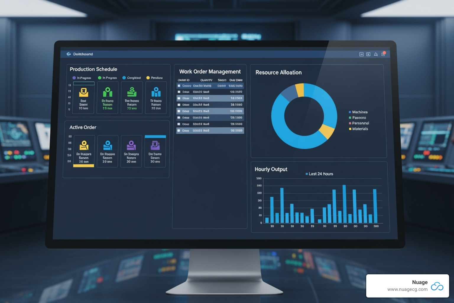 NetSuite Advanced Manufacturing Work Bench dashboard showing production schedules, work orders, and resource allocation in a clean, graphical interface - NetSuite advanced manufacturing
