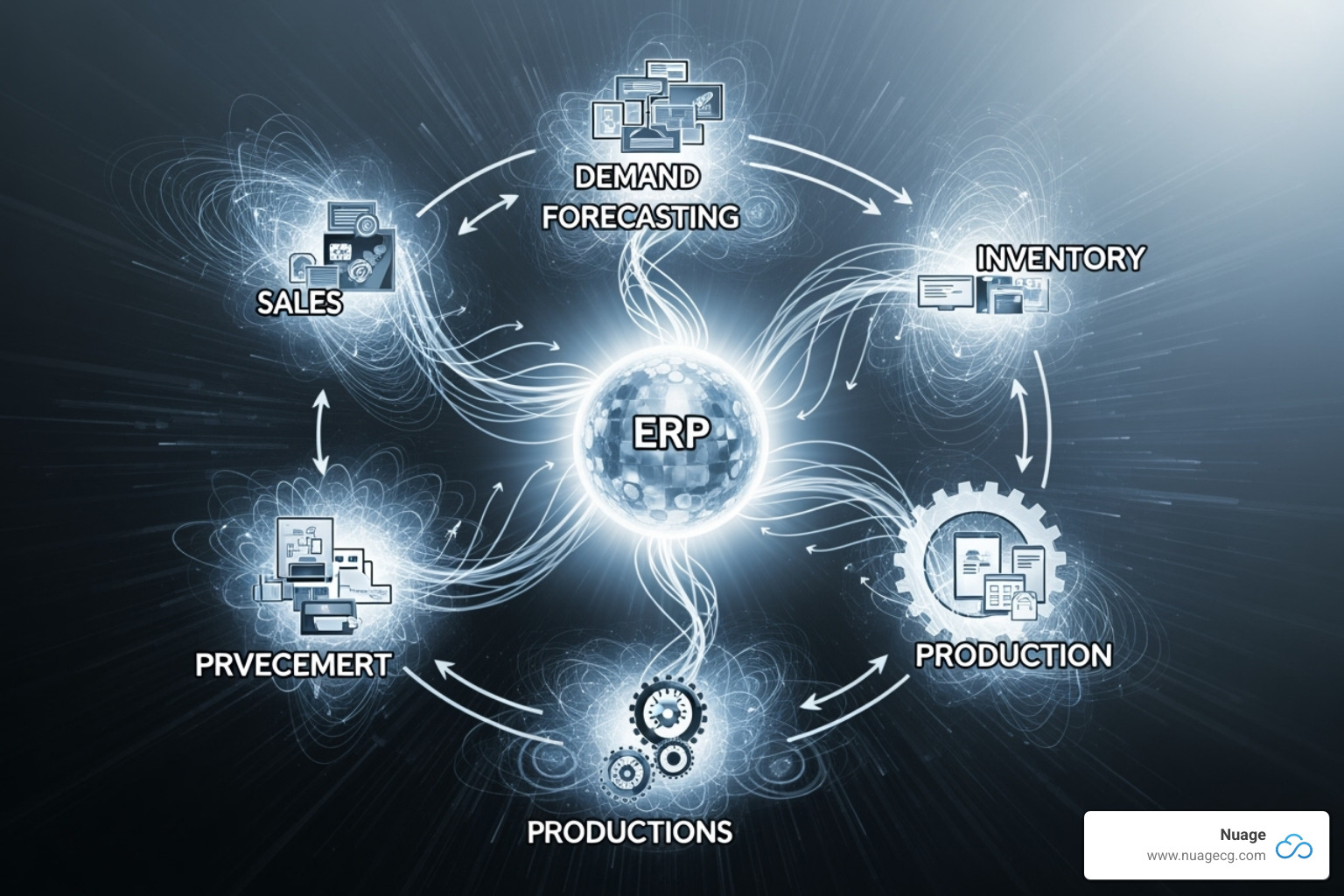 A detailed flowchart illustrating the integrated data flow within NetSuite's supply chain. Arrows connect Sales (opportunities, sales orders) to Demand Planning (forecasting, demand plans), which then feeds into Inventory Management (stock levels, multi-location) and Procurement (purchase orders) and Production Control (work orders). All modules are shown connected to a central NetSuite ERP core for real-time data access. - NetSuite demand planning