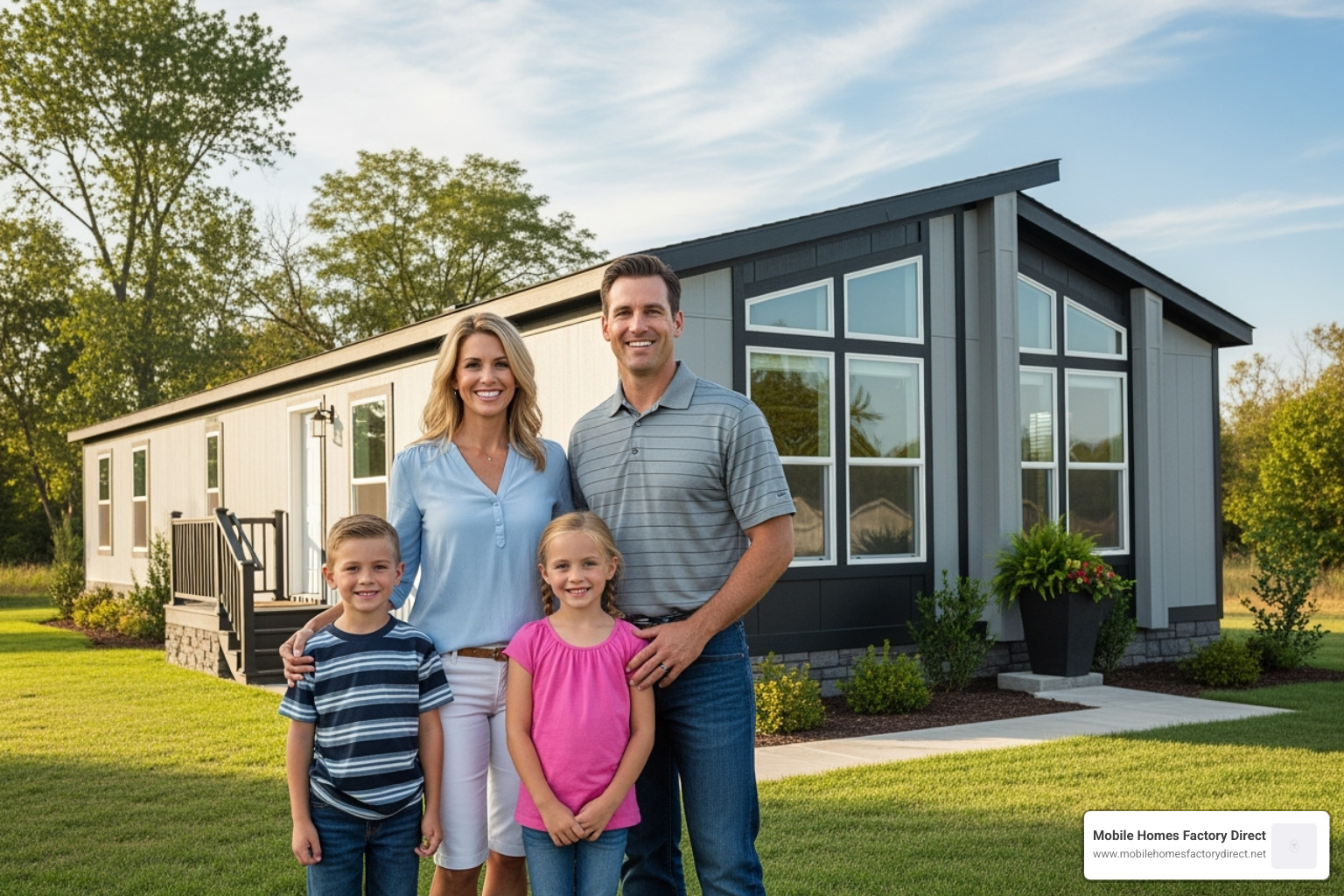 Family smiling in front of their new manufactured home - what is manufactured housing