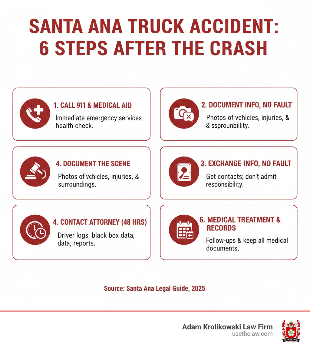 Infographic showing steps after a Santa Ana truck accident: 1. Call 911 and seek medical attention, 2. Document the scene with photos, 3. Exchange information but don't admit fault, 4. Contact a truck accident attorney within 48 hours, 5. Preserve evidence including driver logs and black box data, 6. Begin medical treatment and keep all records - santa ana truck accident attorney infographic 