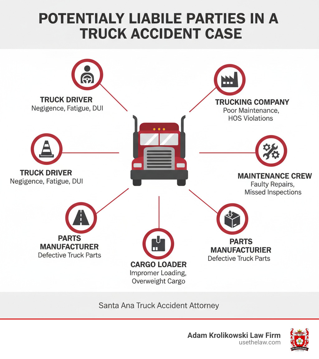 Infographic illustrating the multiple potentially liable parties in a truck accident case - santa ana truck accident attorney infographic 