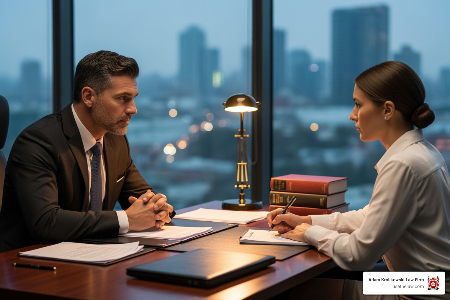 A lawyer meeting with a client in a professional office setting - santa ana truck accident attorney