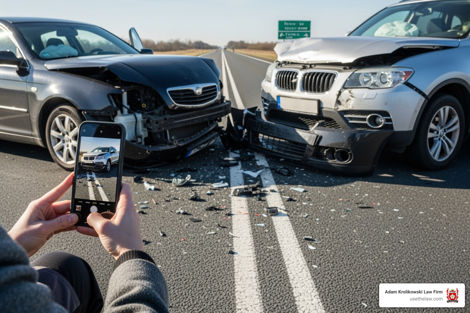 A person safely taking photos of vehicle damage after an accident - santa ana truck accident attorney
