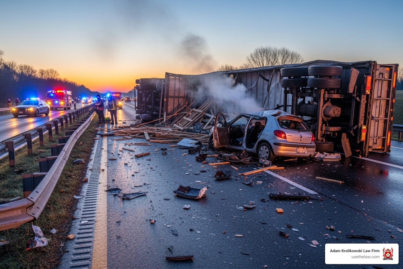 A truck accident scene focusing on the size difference between a truck and a car - santa ana truck accident attorney