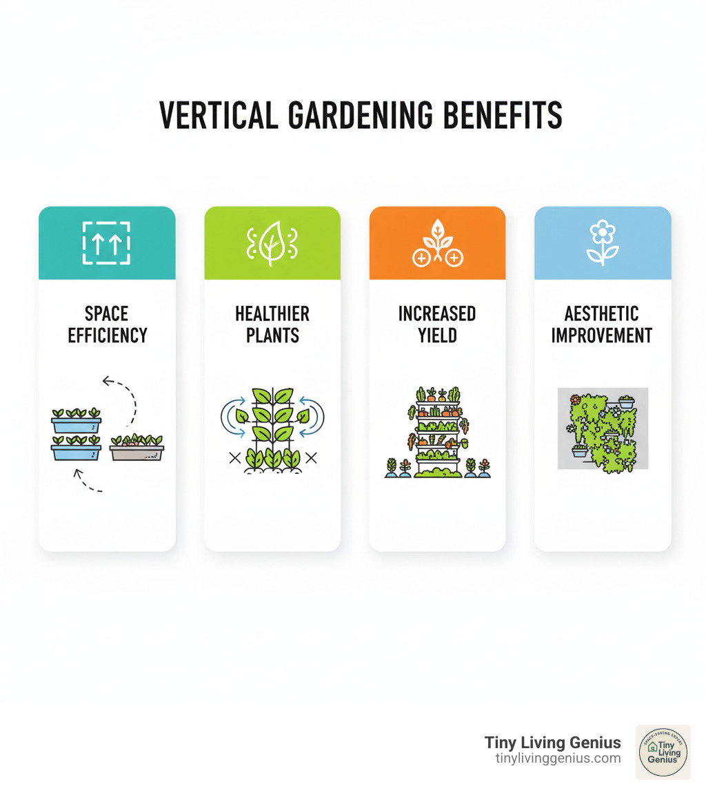 Vertical gardening benefits infographic showing space efficiency with upward arrows, healthier plants with better air circulation symbols, increased yield with multiple plant icons, and aesthetic improvement with beautiful living wall illustrations - vertical gardening ideas for small spaces infographic 