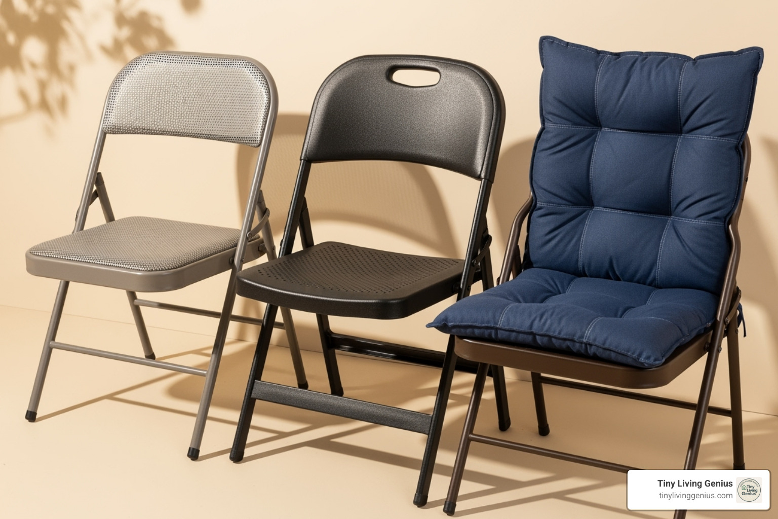 three different types of sturdy folding chairs (metal, plastic, and padded) side-by-side - sturdy folding chairs