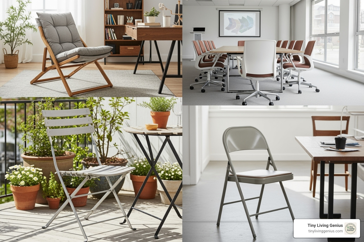 collection of the described chair "archetypes" in various settings like a patio, a conference room, and a home office - sturdy folding chairs
