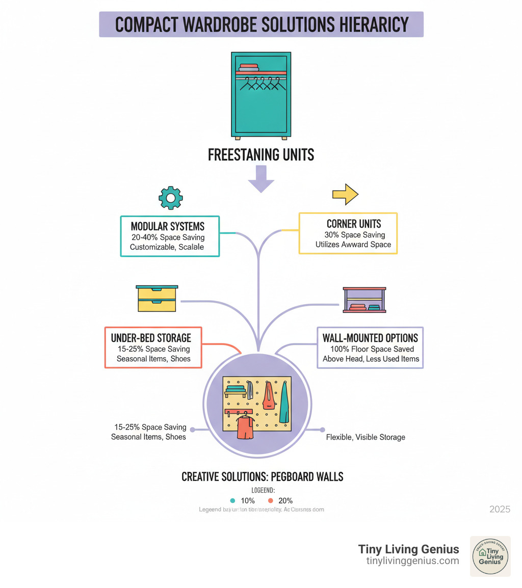 Infographic showing the hierarchy of compact wardrobe solutions from freestanding units at the top, branching down to modular systems, corner units, under-bed storage, wall-mounted options, and creative solutions like pegboard walls, with space-saving percentages and key benefits for each solution type - compact wardrobe solutions infographic 