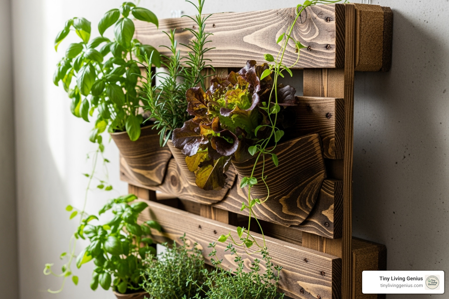 stained wooden pallet mounted on a wall, filled with herbs and lettuce - vertical gardening ideas for small spaces
