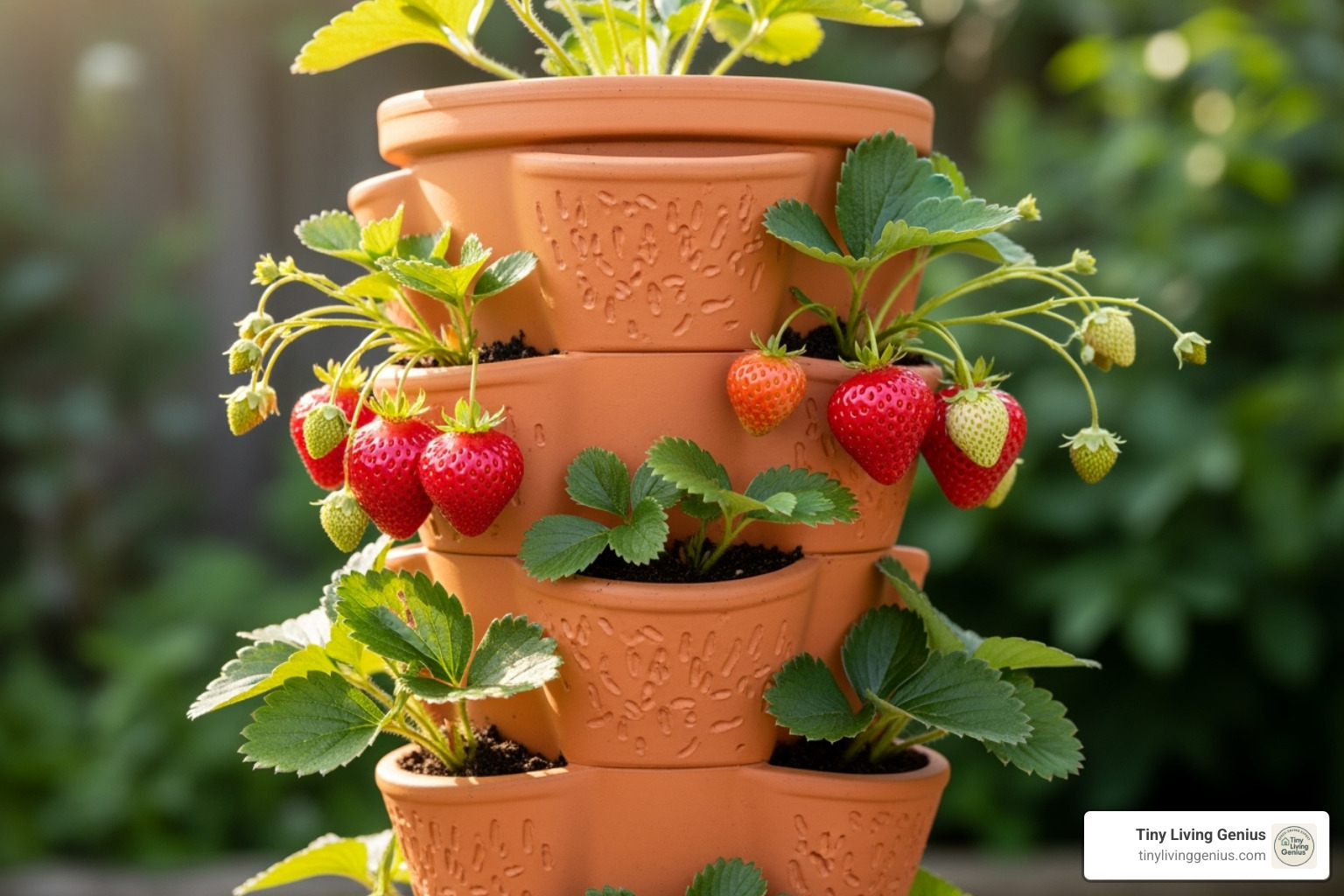 terracotta stacked planter with strawberries growing from each level - vertical gardening ideas for small spaces