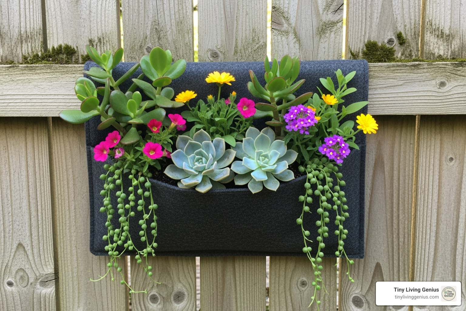 felt pocket planter on a fence, overflowing with succulents and flowers - vertical gardening ideas for small spaces
