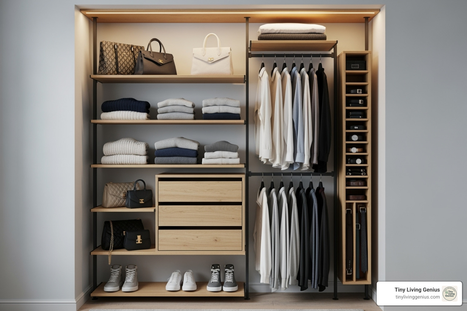 modular wardrobe system neatly fitted into a small room alcove - compact wardrobe solutions