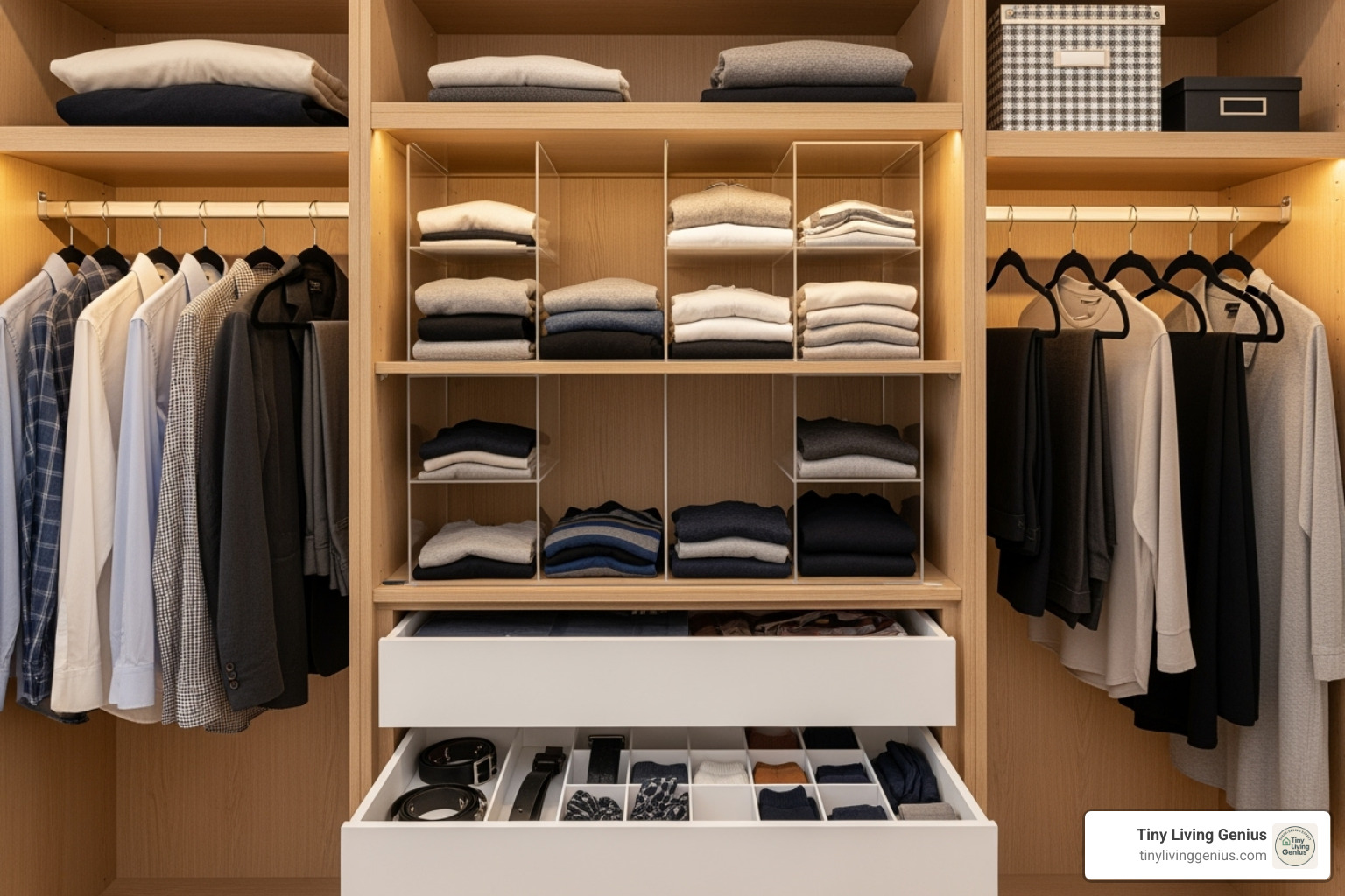 inside of a small wardrobe neatly organized with dividers and slim hangers - compact wardrobe solutions
