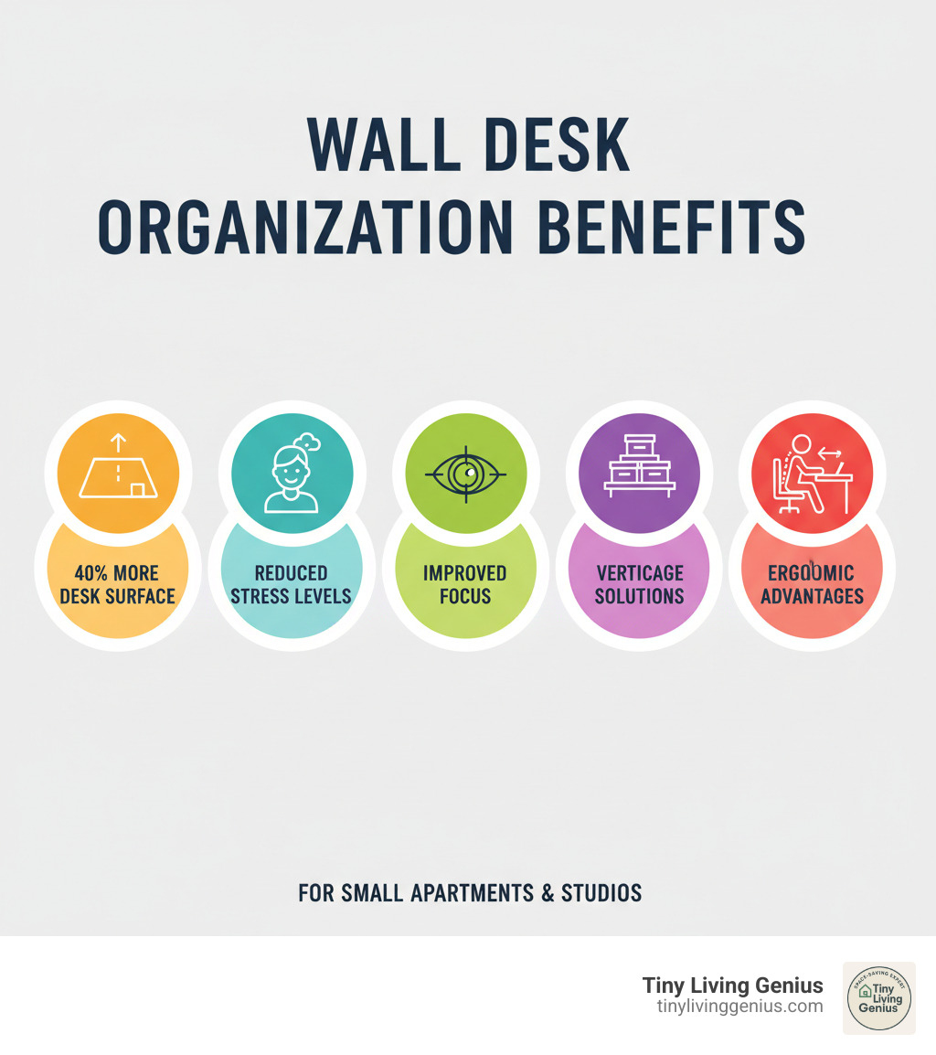 Infographic showing wall desk organization benefits including 40% more desk surface area, reduced stress levels, improved focus, vertical storage solutions, and ergonomic advantages for small apartments and studios - Wall desk organization infographic 