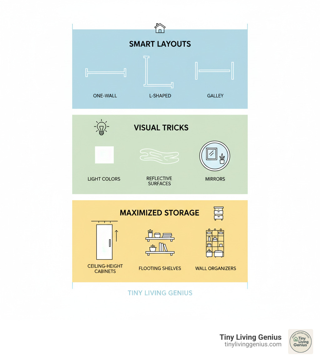 Infographic showing the three core principles of space-saving kitchen design: Smart Layouts (featuring galley, L-shaped, and one-wall configurations), Visual Tricks (illustrating light colors, reflective surfaces, and mirrors expanding perceived space), and Maximized Storage (displaying vertical solutions like ceiling-height cabinets, floating shelves, and wall organizers) - Space saving kitchen designs infographic  Infographic showing the three core principles of space-saving kitchen design: Smart Layouts (featuring galley, L-shaped, and one-wall configurations), Visual Tricks (illustrating light colors, reflective surfaces, and mirrors expanding perceived space), and Maximized Storage (displaying vertical solutions like ceiling-height cabinets, floating shelves, and wall organizers) - Space saving kitchen designs infographic