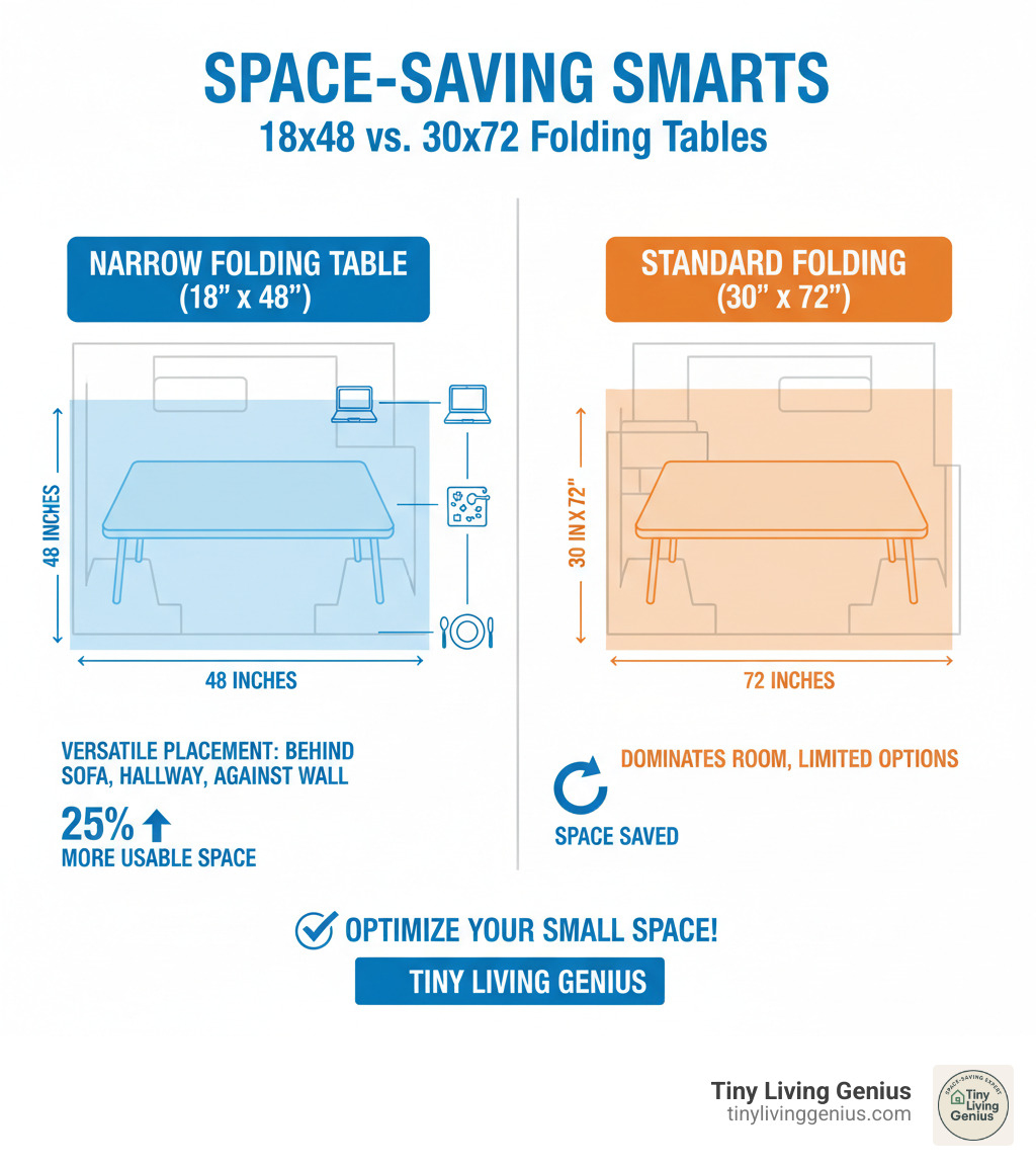 Infographic comparing the footprint of an 18x48 narrow folding table versus a standard 30x72 table in a small room layout, showing floor space saved and positioning options - narrow folding table 18 x 48 infographic 