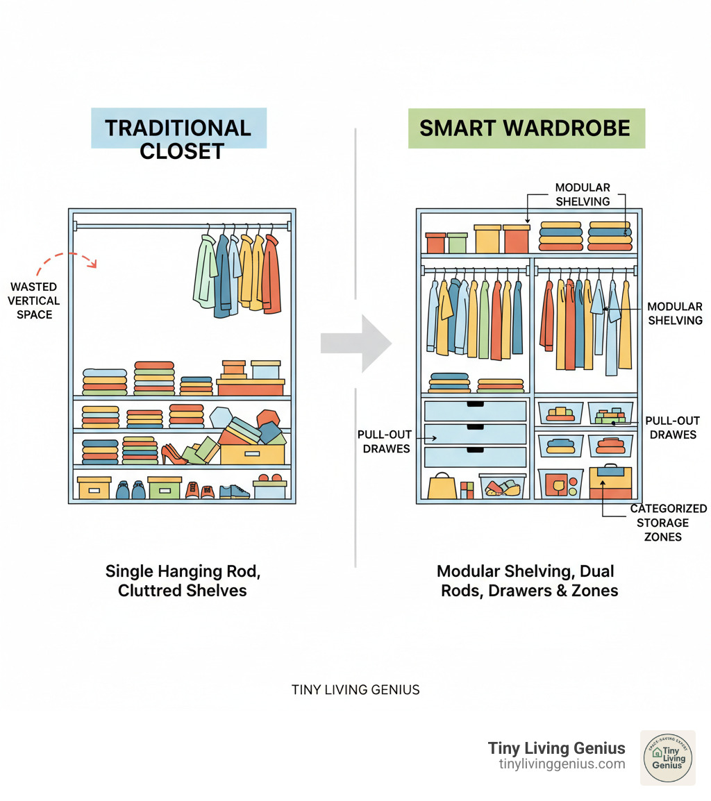 Infographic comparing traditional closet layout with wasted vertical space, single hanging rod, and cluttered shelves versus smart wardrobe layout featuring modular shelving, dual hanging rods, pull-out drawers, and categorized storage zones - smart wardrobe storage solutions infographic 