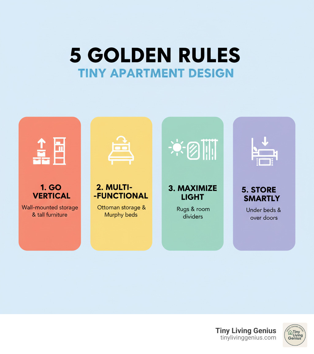 Infographic showing the 5 Golden Rules of Tiny Apartment Design: Go Vertical with wall-mounted storage and tall furniture, Think Multi-Functional with pieces like ottoman storage and murphy beds, Maximize Light using mirrors and light colors, Create Zones with rugs and room dividers, and Store Smartly in hidden spaces like under beds and over doors - Tiny apartment design infographic 