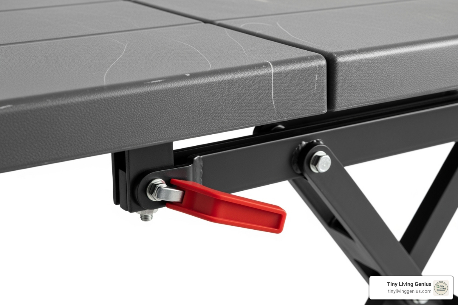 close-up of a durable plastic tabletop and a sturdy locking leg mechanism - narrow folding table 18 x 48