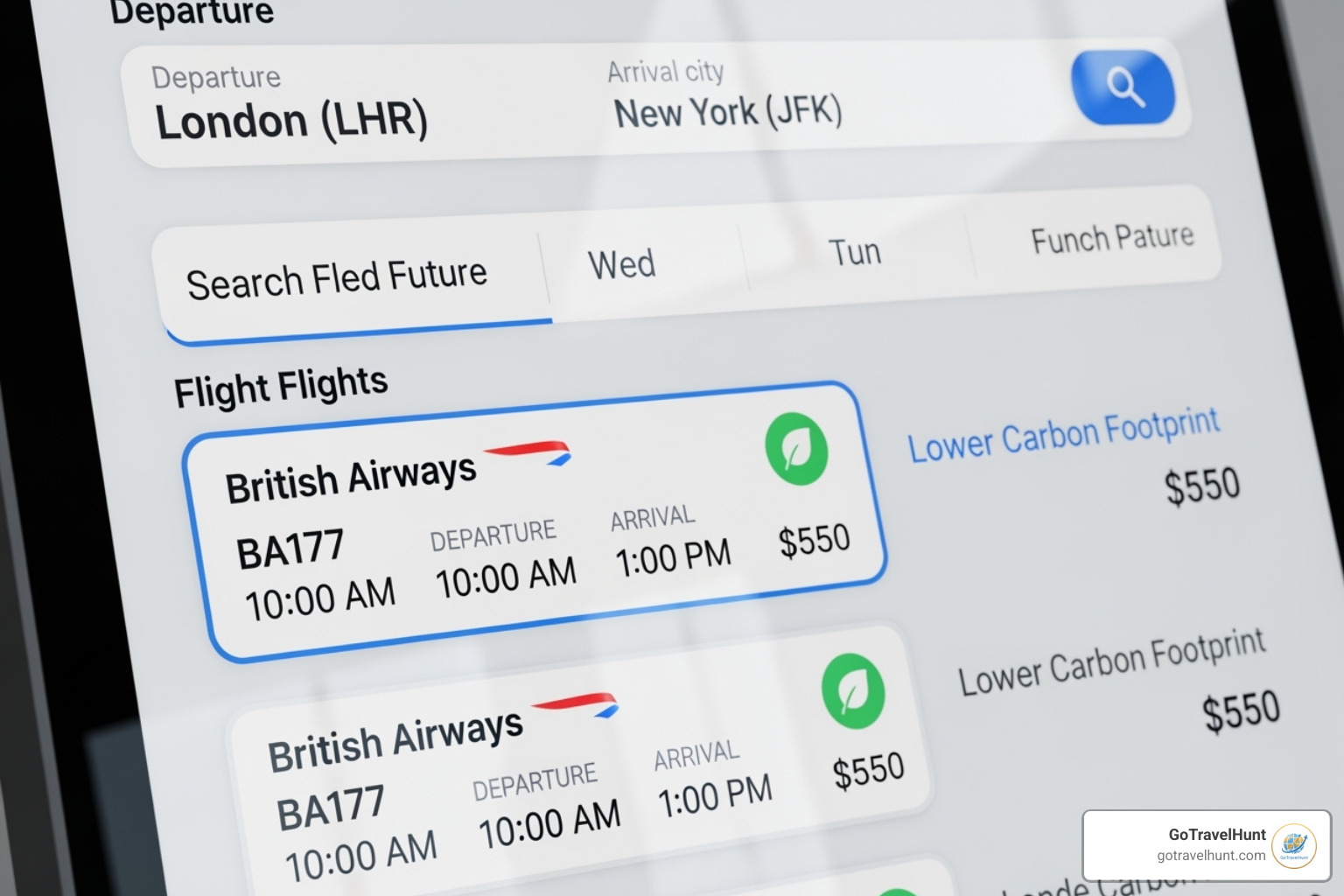 A booking interface showing a green leaf icon next to a flight option, indicating a lower carbon footprint - business travel booking software A booking interface showing a green leaf icon next to a flight option, indicating a lower carbon footprint - business travel booking software
