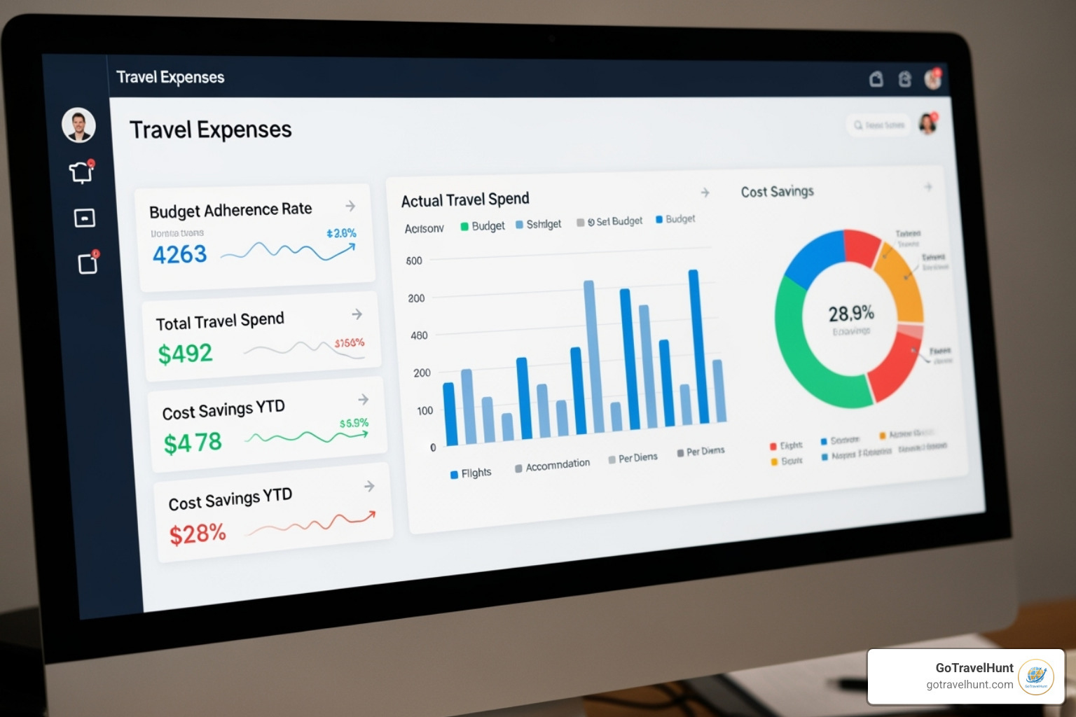 A digital financial report dashboard showing travel expenses, budget adherence, and cost savings analytics - business travel booking software A digital financial report dashboard showing travel expenses, budget adherence, and cost savings analytics - business travel booking software