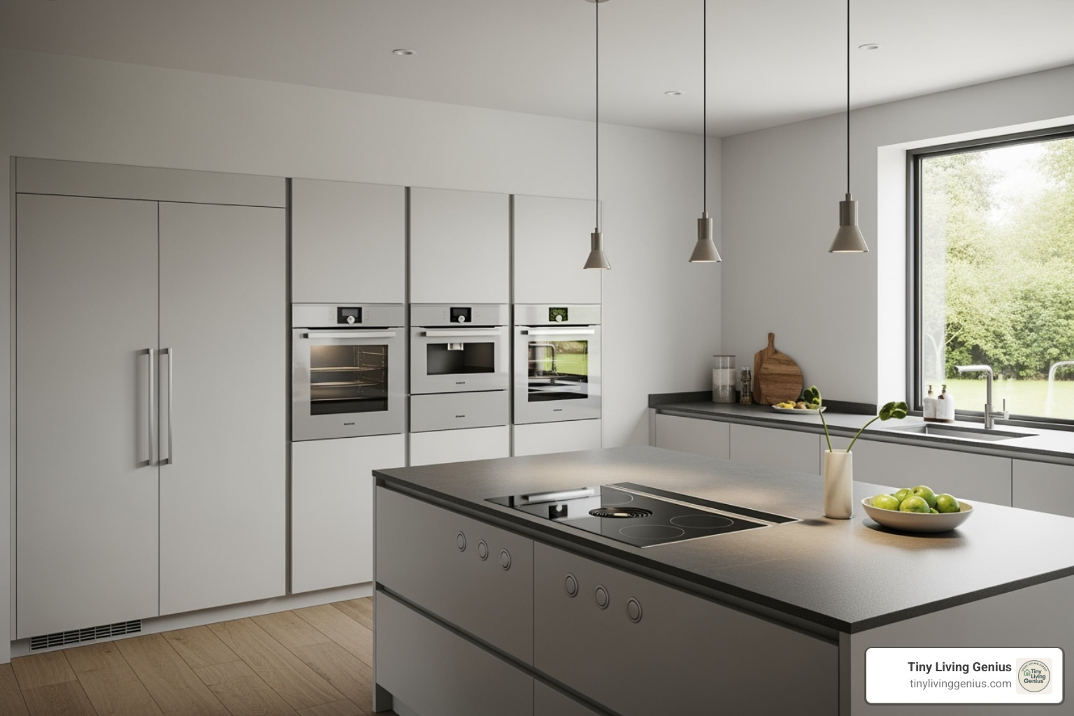 A modern kitchen showcasing integrated, slim-profile appliances seamlessly blended into the cabinetry for a cohesive and spacious look. - Space saving kitchen designs A modern kitchen showcasing integrated, slim-profile appliances seamlessly blended into the cabinetry for a cohesive and spacious look. - Space saving kitchen designs