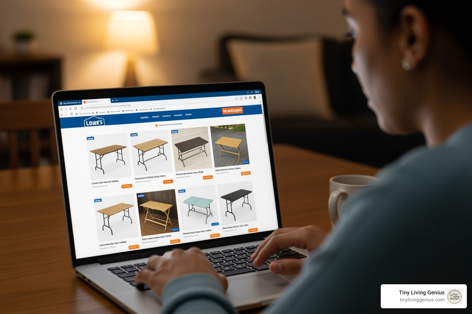 person browsing for folding tables on a laptop, with home improvement store websites visible - narrow folding table 18 x 48