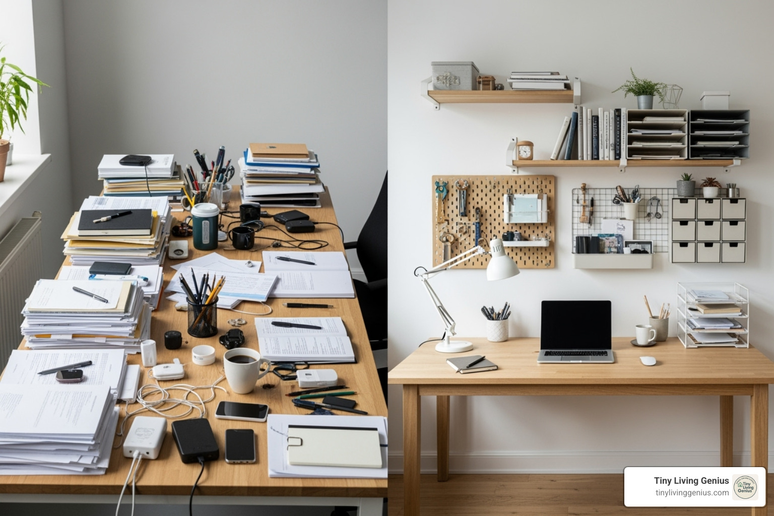 cluttered desk vs. clear desk with wall organizers - Wall desk organization