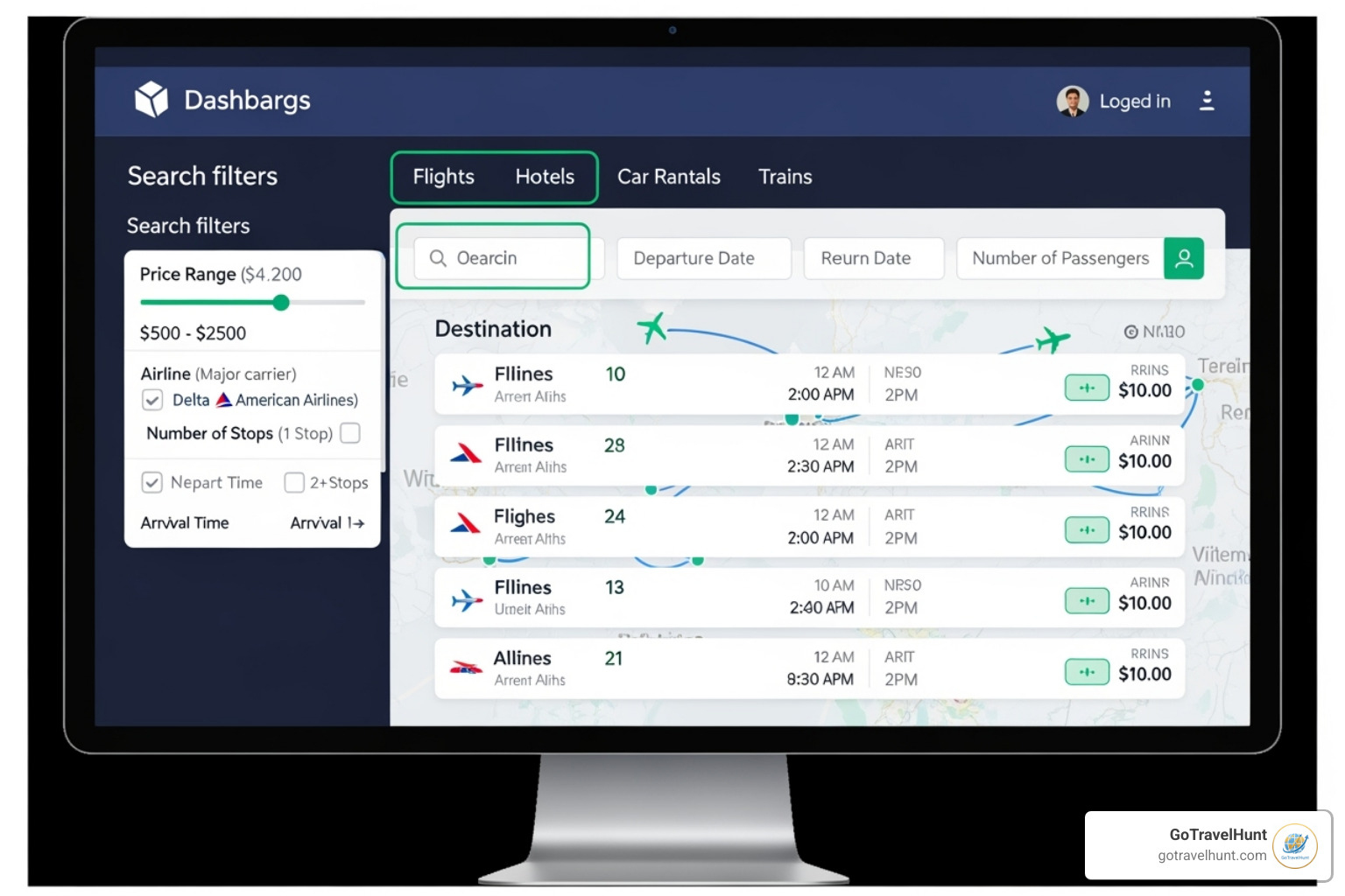 A modern business travel booking software dashboard displaying flight, hotel, car rental, and train options with search filters - business travel booking software A modern business travel booking software dashboard displaying flight, hotel, car rental, and train options with search filters - business travel booking software