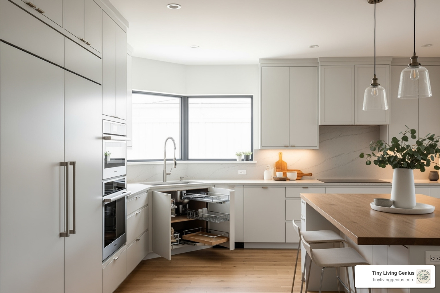 A modern L-shaped kitchen with light cabinetry, ample counter space, and an open feel, showcasing efficient use of a corner. - Space saving kitchen designs A modern L-shaped kitchen with light cabinetry, ample counter space, and an open feel, showcasing efficient use of a corner. - Space saving kitchen designs