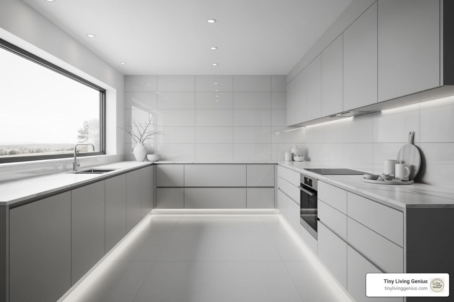 A bright, monochromatic kitchen featuring a glossy backsplash, light-colored cabinetry, and a large window, creating an illusion of expansive space. - Space saving kitchen designs A bright, monochromatic kitchen featuring a glossy backsplash, light-colored cabinetry, and a large window, creating an illusion of expansive space. - Space saving kitchen designs