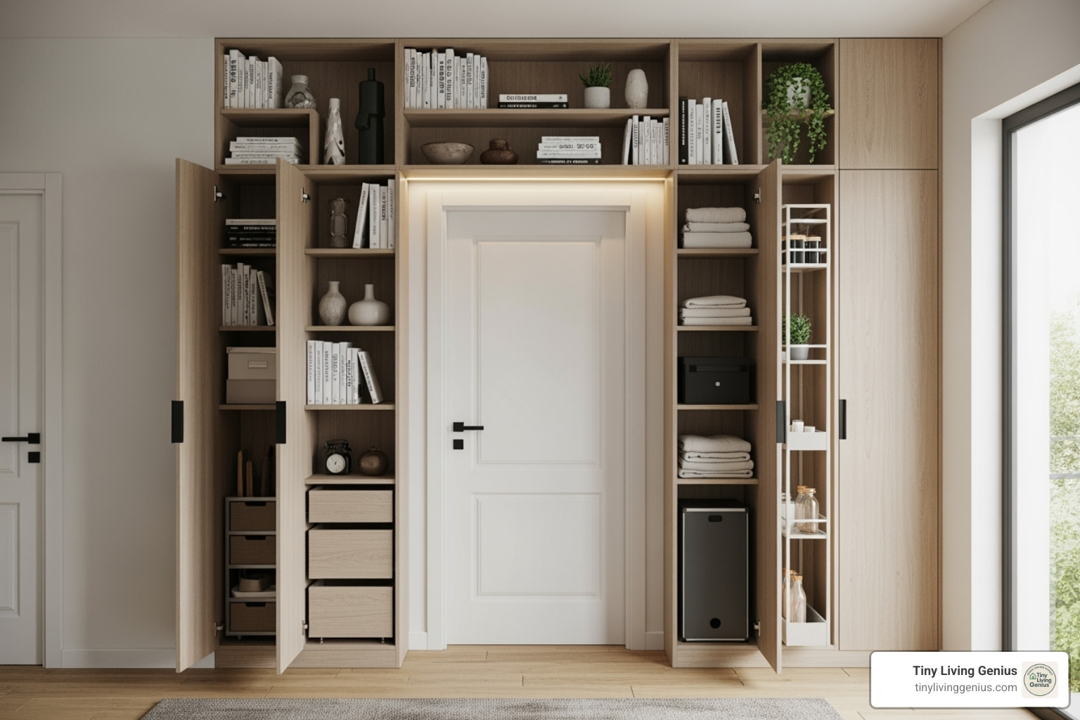 Clever storage built over and around a doorway, maximizing vertical space - Tiny apartment design