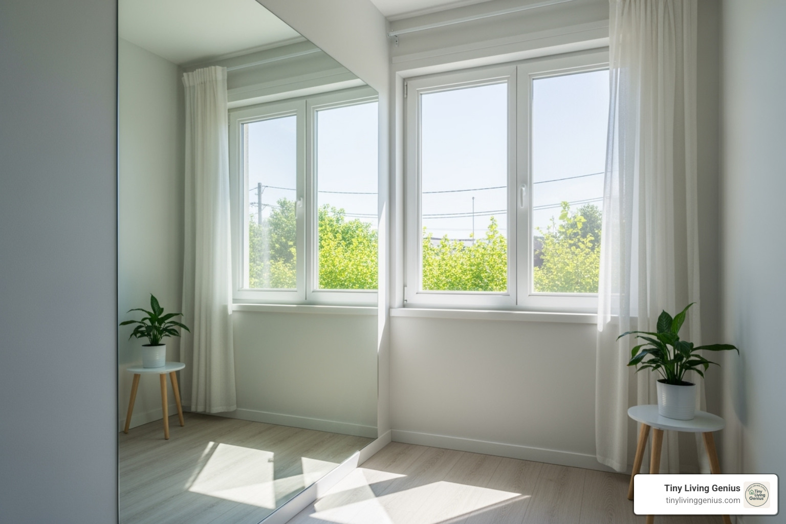 Small, light-painted room with a large mirror strategically placed opposite a window to amplify light - Tiny apartment design