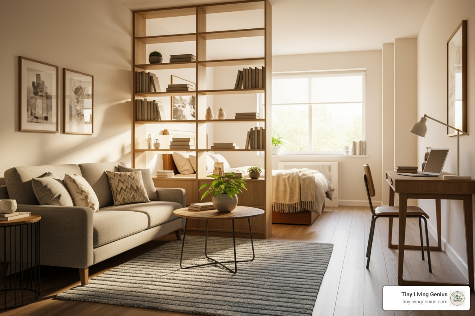 Studio apartment with clear zones created by a bookshelf divider and a distinct area rug - Tiny apartment design