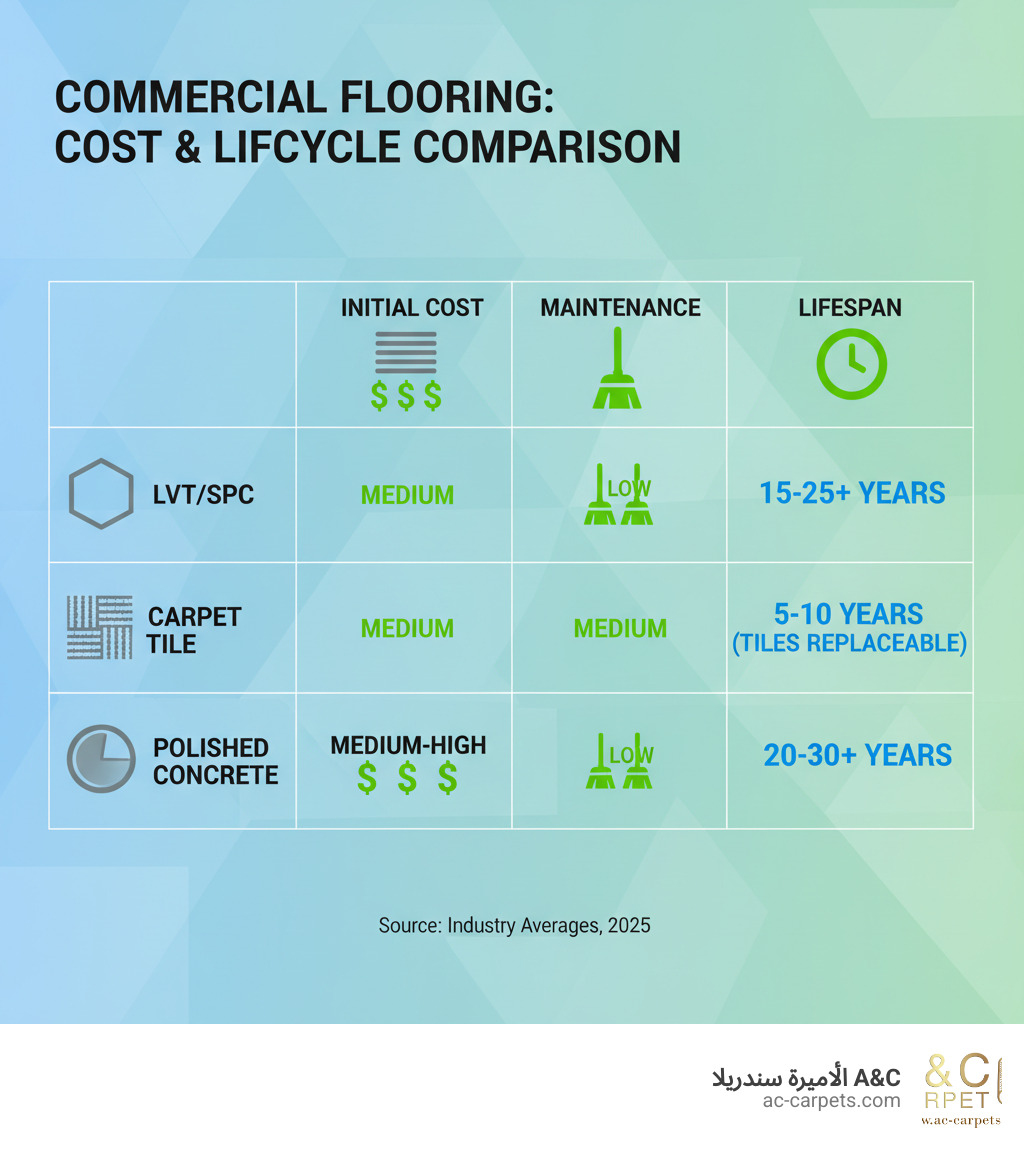 TABLE comparing initial cost, maintenance, and lifespan of LVT, Carpet Tile, and Polished Concrete - commercial floors infographic 