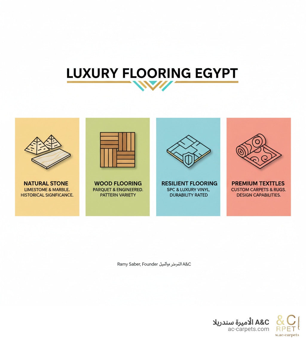 Comprehensive breakdown of Egypt's luxury flooring categories showing Natural Stone (limestone and marble with historical significance), Wood Flooring (parquet patterns and engineered options), Resilient Flooring (SPC and luxury vinyl with durability ratings), and Premium Textiles (custom carpets and area rugs with design capabilities) - luxury flooring Egypt infographic 