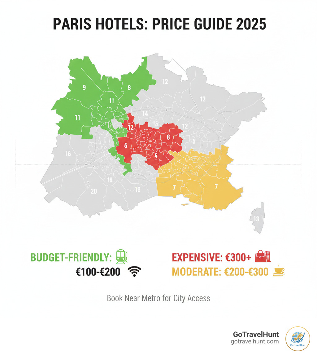 Infographic showing Paris arrondissements map with budget-friendly zones (9th, 10th, 11th, 12th, 13th) highlighted in green, central expensive areas (1st, 6th, 8th) in red, and moderate areas (3rd, 4th, 5th, 7th) in yellow, including average price ranges and Metro connectivity indicators - cheap hotels in paris infographic 