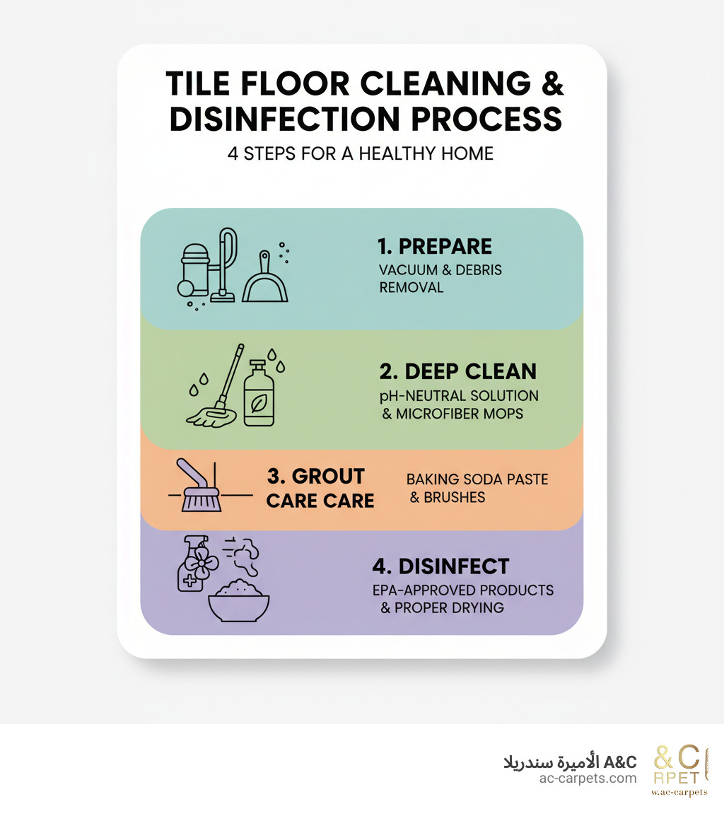 Complete 4-step tile floor cleaning and disinfection process showing preparation with vacuum and debris removal, deep cleaning with pH-neutral solutions and microfiber mops, grout scrubbing with baking soda paste and specialized brushes, and final disinfection with EPA-approved products and proper drying techniques - best way to clean and disinfect tile floors infographic 