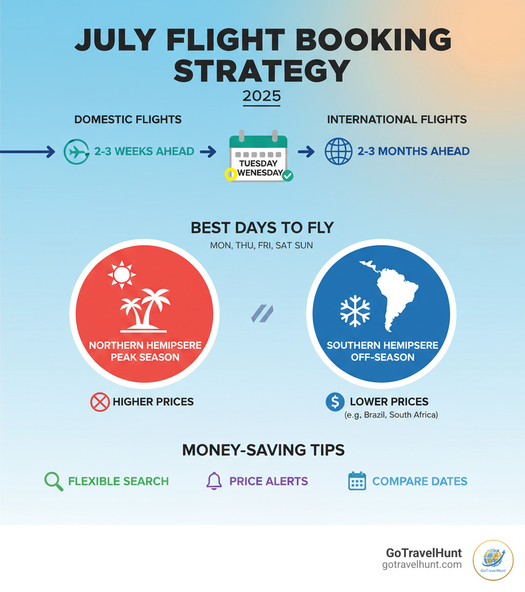 Infographic showing July flight booking strategy with timeline of when to book domestic vs international flights, best days to fly (Tuesday/Wednesday highlighted), price comparison between Northern Hemisphere peak season vs Southern Hemisphere off-season destinations, and key money-saving tips like using flexible search options and price alerts - cheap flights in july to anywhere infographic 
