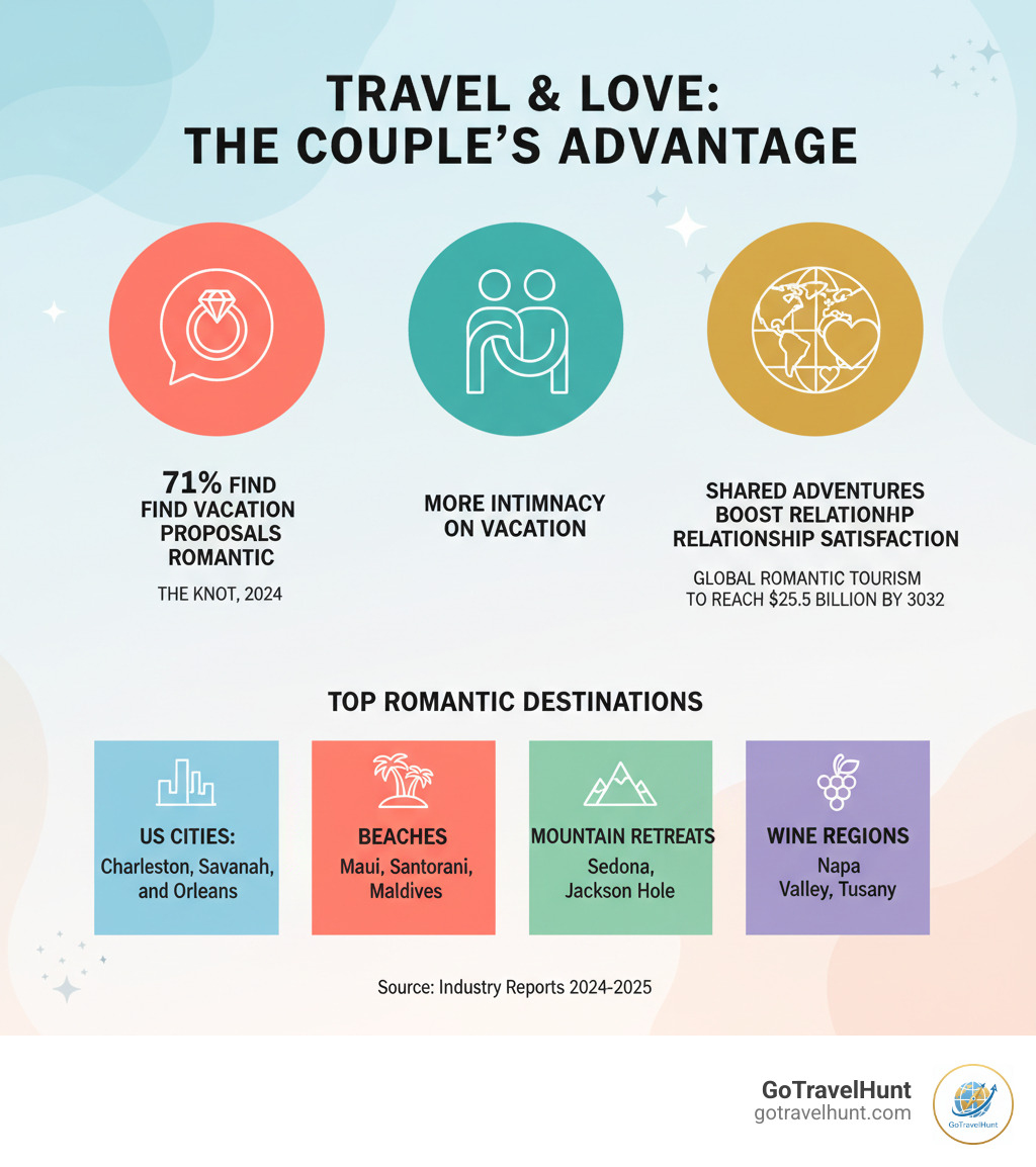 Infographic showing benefits of couples traveling together including 71% find vacation proposals romantic, couples have more intimacy on vacation, and shared travel experiences increase relationship satisfaction with statistics on popular romantic destinations by category - romantic getaways for couples infographic  Infographic showing benefits of couples traveling together including 71% find vacation proposals romantic, couples have more intimacy on vacation, and shared travel experiences increase relationship satisfaction with statistics on popular romantic destinations by category - romantic getaways for couples infographic
