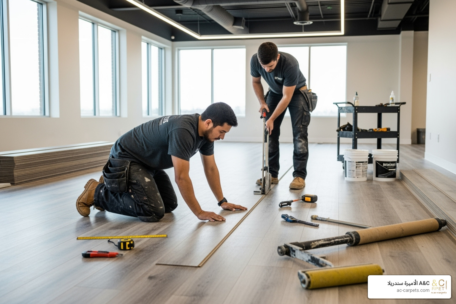 Professionals installing commercial flooring - commercial floors